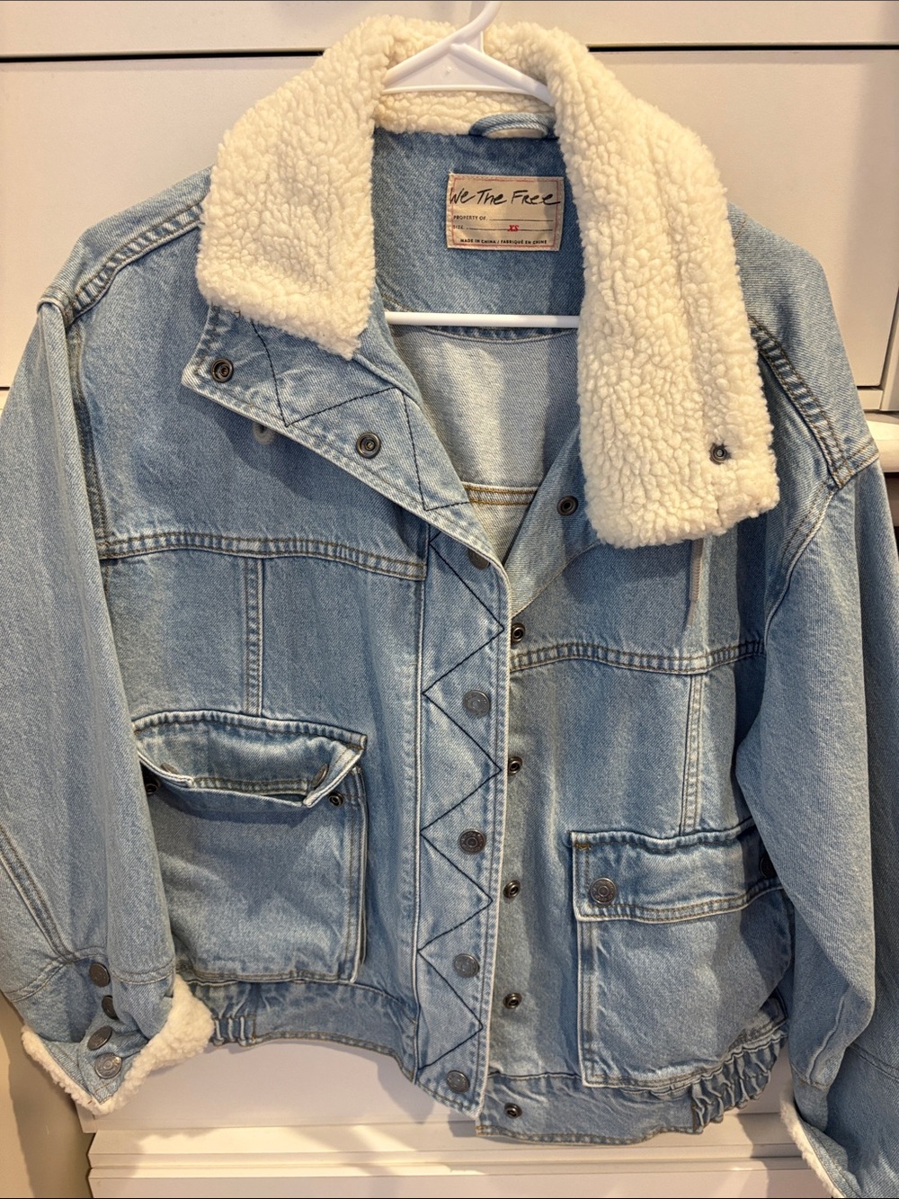 We The Free Light Blue Denim Jacket with Cream Sherpa Collar
